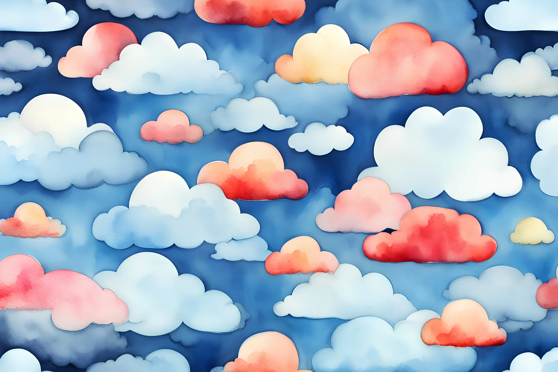 there are apple-like cloud shape in the blue sky. Cartoon style. watercolor.