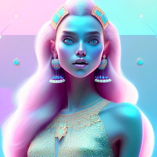 A portrait of a crystalised girl,smiling, laughting longs thin hairs blue, atmospheric, realistic,, cinematic lighting, octane render,, pink turquoise light, white skin, pink atmosphere, nice smile, jewels brillant, blue eyes