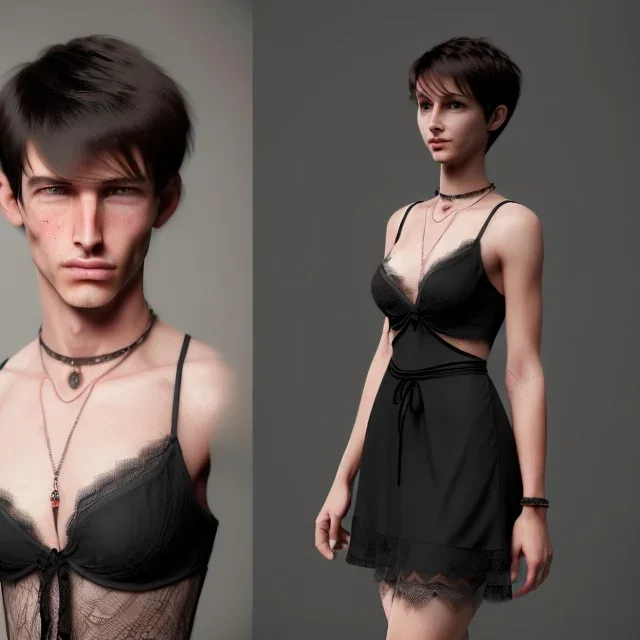 a short hair guy with a boyish face a beautiful cleavage in a lace neckline with a man's short haircut a thin waist and wide hips in lacy nightgown and amulet of black magic muslim