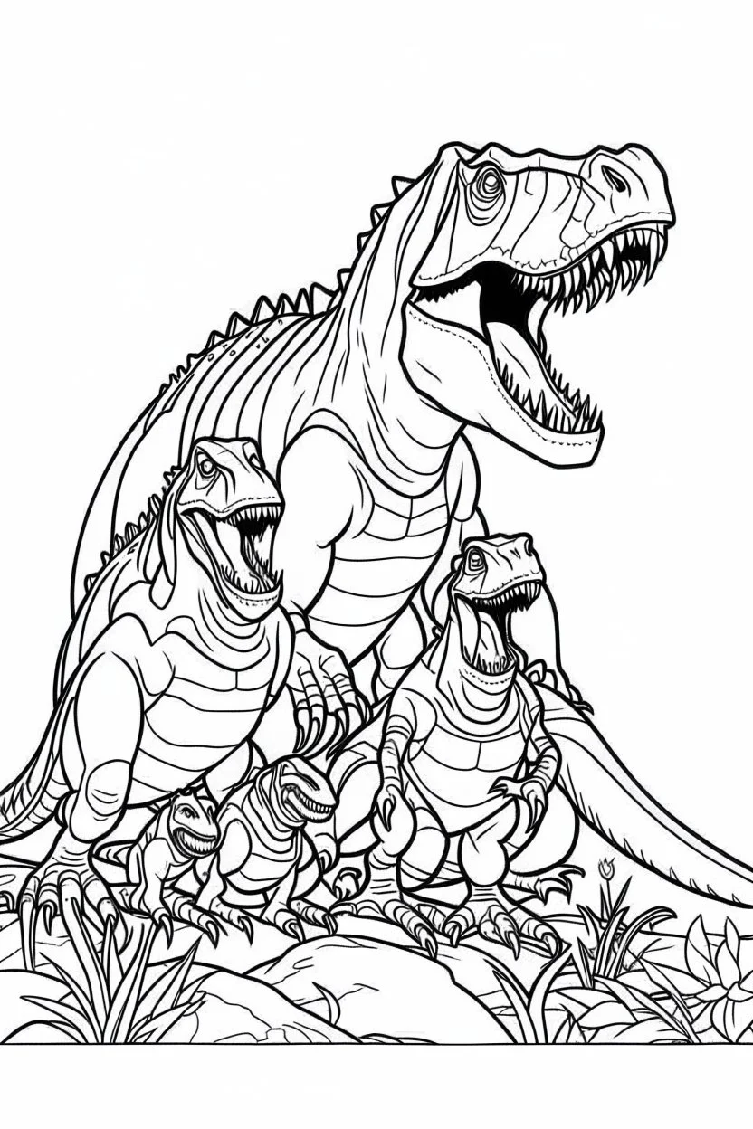 A coloring page, white background I scene of a T-Rex family greeting the morning sun together, with the parents and offspring basking in the warm sunlight as they begin their day. ink drawing clipart, simple line illustrations, colored