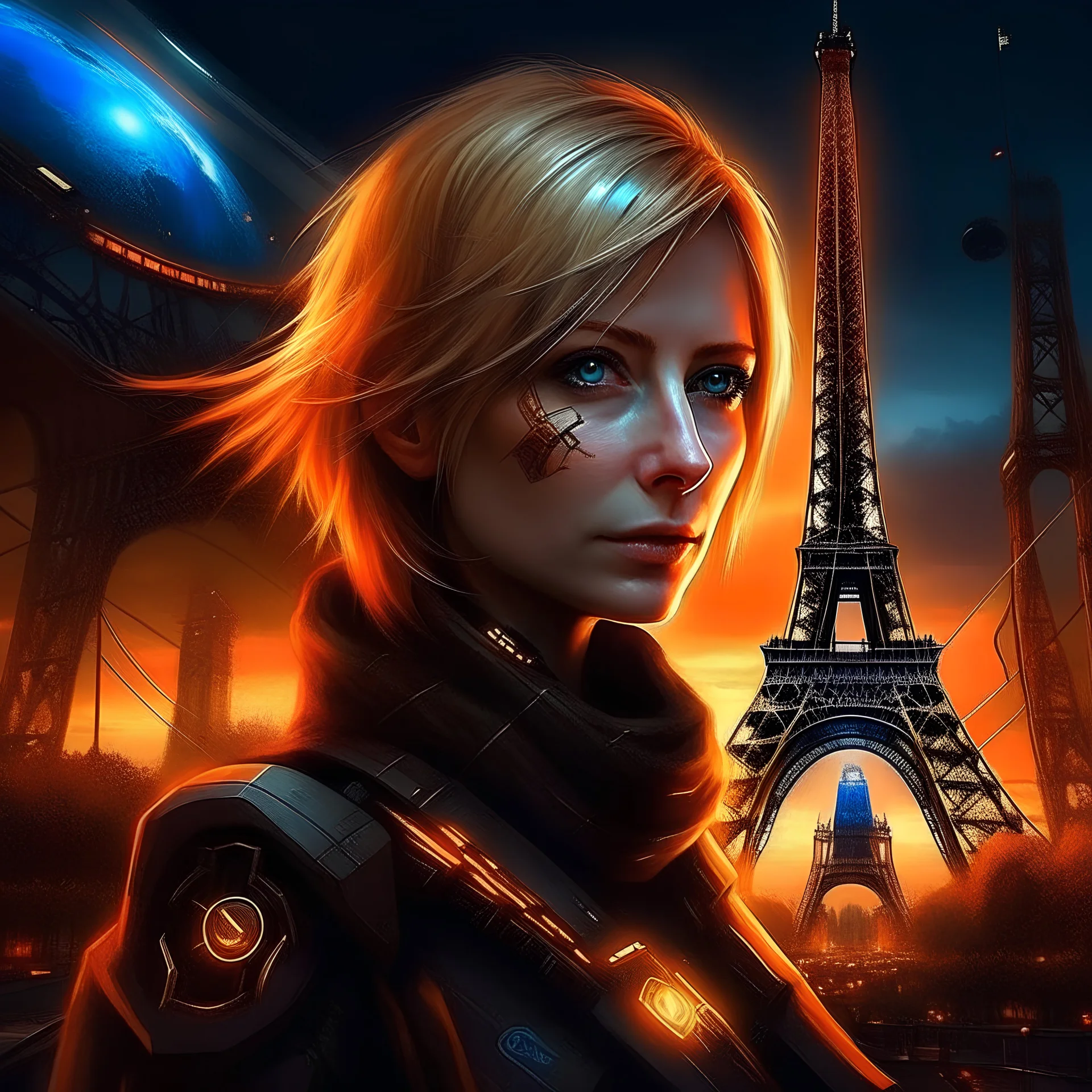 Portrait marianne symbole france cyberpunk, incendie tout eiffel en arrière plan