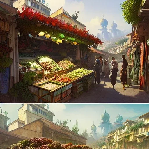 A greengrocer in colorful ancient city+Italian sea+alphonse mucha, greg rutkowski,matte painting, cryengine, hyper detailed, felix kelly, fantasy art, seb mckinnon