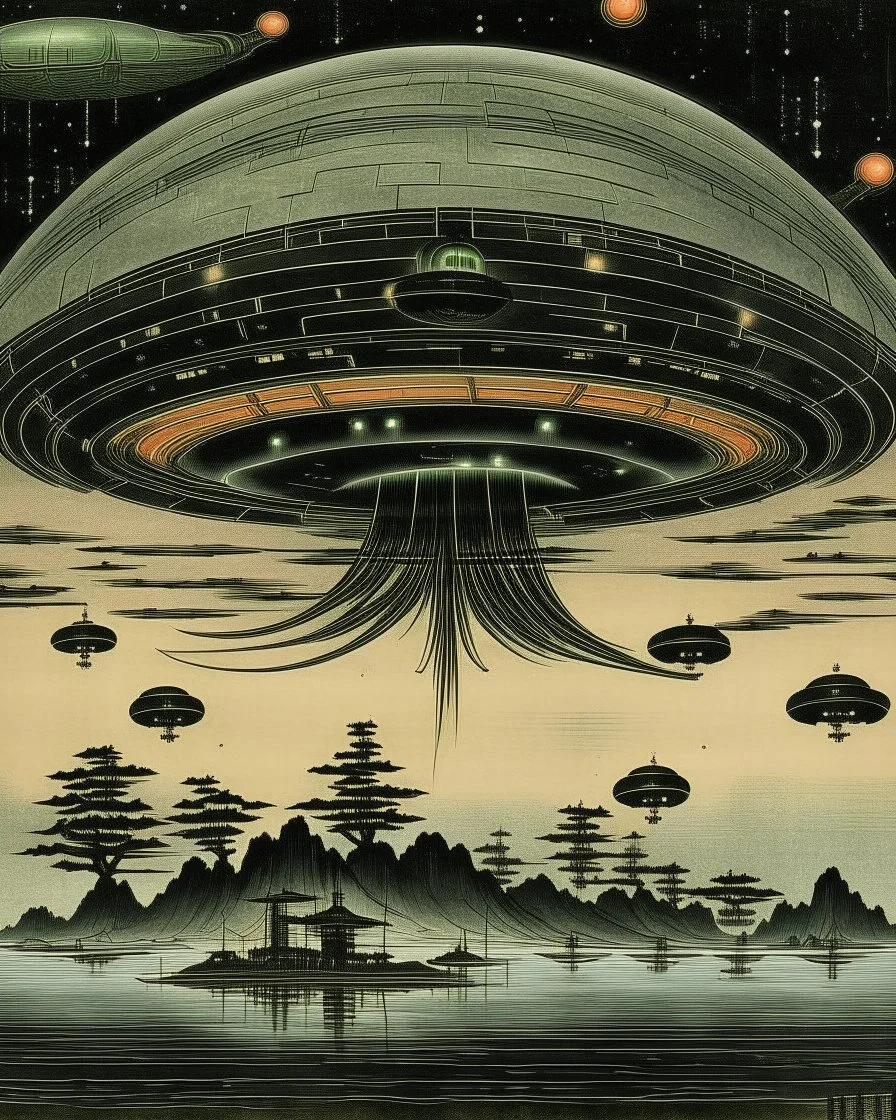A black UFO with lasers painted by Utagawa Hiroshige