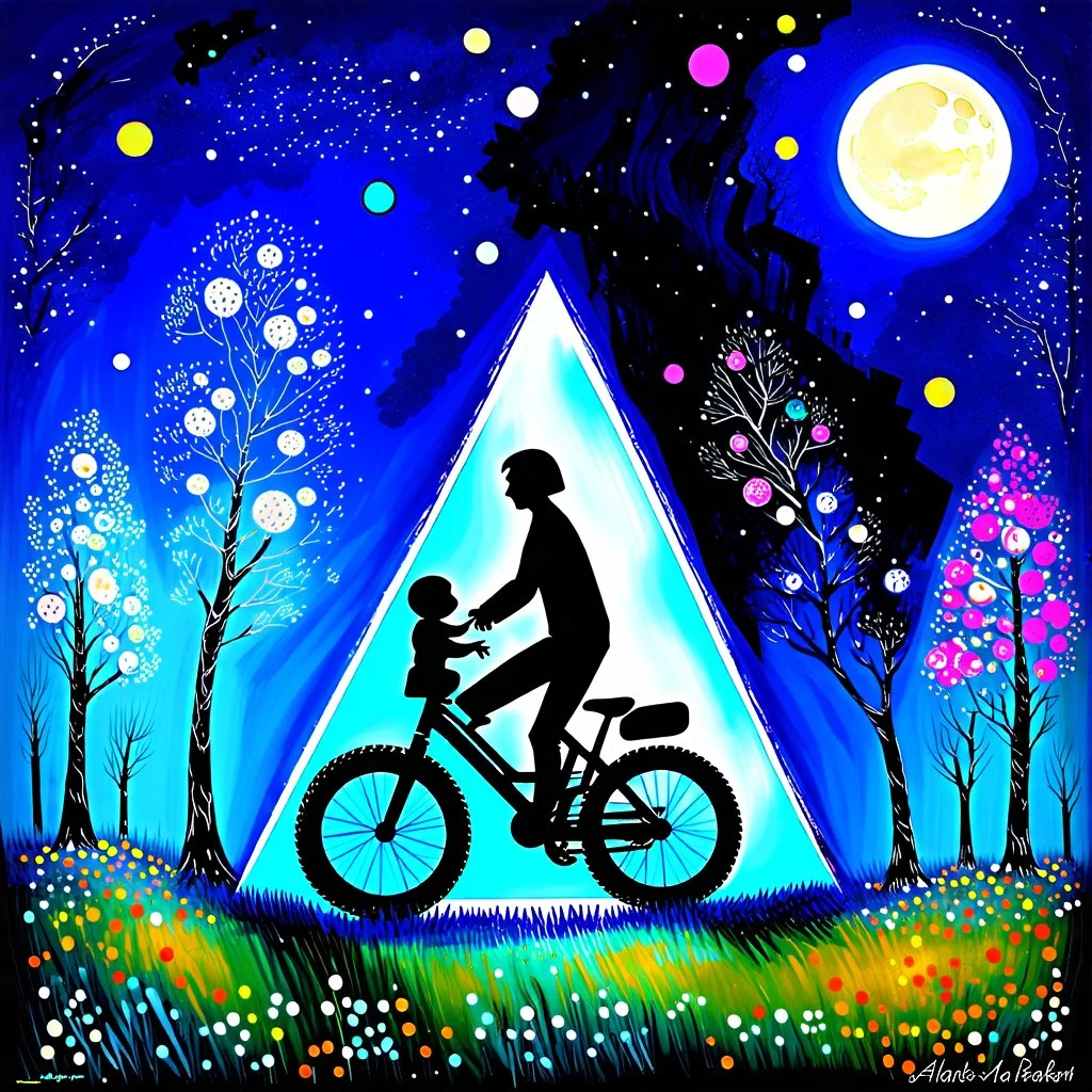 create a poetic dreamlike painting in the style of Marc Chagall, geometric family of father, mother, and baby riding a bicycle through a magical night forest, glowing triangular trees and colorful circles floating like stars, large luminous moon overhead, painterly textures with deep blues and purples, surreal and emotional atmosphere --ar 16:9 --v 7 --style 4b --q 2