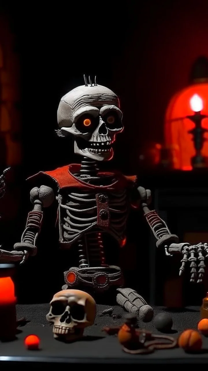 Generate a spine-chilling Halloween horror scene featuring a robot chicken as if it's a character from a terrifying movie, with eerie lighting and a haunting atmosphere."