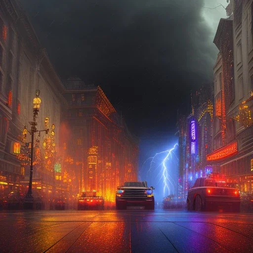 A giant umbrella open on a city street. Fire. stormy day. lightning and storm clouds. Horizon. Dark sky, cascade, rain. Elegant. Extremely detailed. Award winning photography. Fantasy. 8k. Cinematic lighting. Photorealistic. Dynamic lighting. Imperial colors. Crisp quality. Unreal Engine. Colourful cinematic postprocessing. Pixar. VRay.