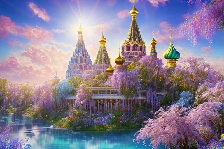 colorfull crystal russian PALACE, sun,swanns,waterfall, BLUE LAKE, SWANNs,fuksia bugainvillier flowers, jacaranda violet trees, sky pink blue, full of details, smooth, bright sunshine，soft light atmosphere, light effect，vaporwave colorful, concept art, smooth, extremely sharp detail, finely tuned detail, ultra high definition, 8 k, unreal engine 5, ultra sharp focus