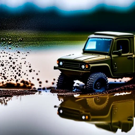 hyperrealistic shot, muddy military toy truck, monotone color palette, sharp focus, puddle reflection, tire water splash, refraction, mist on the horizon, shadowcast, detailed and intricate, cinematic composition, micro, tilt shift photography