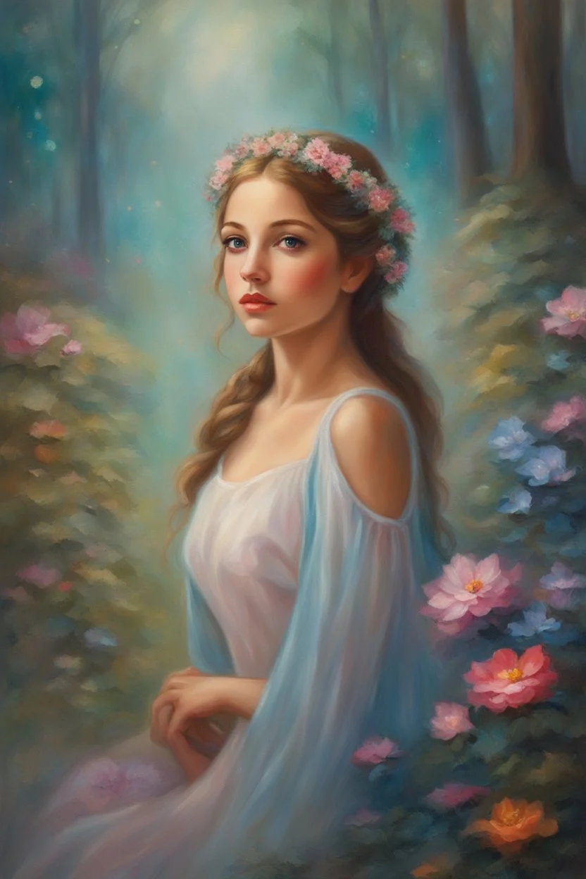 Oil painting of a beautiful girl, fantasy, dream, forest, glitter background, beautiful, oil painting, fantasy art, fairy, young girl, beautiful portrait painting, flowers, colorful, inspired by Thomas Kinkade, fine art, 8k