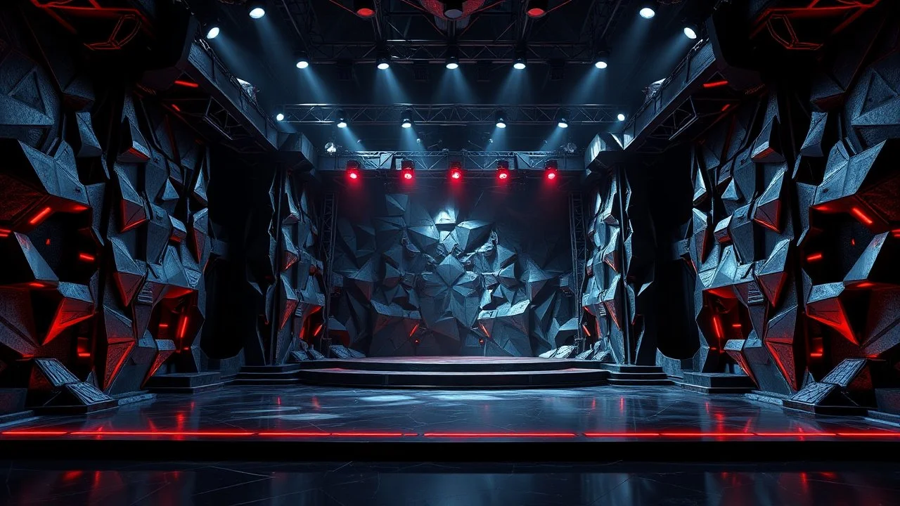 a 3d fractal stage structre made of metallic dark color 3d structures, pertty artistc background,dynamic lights