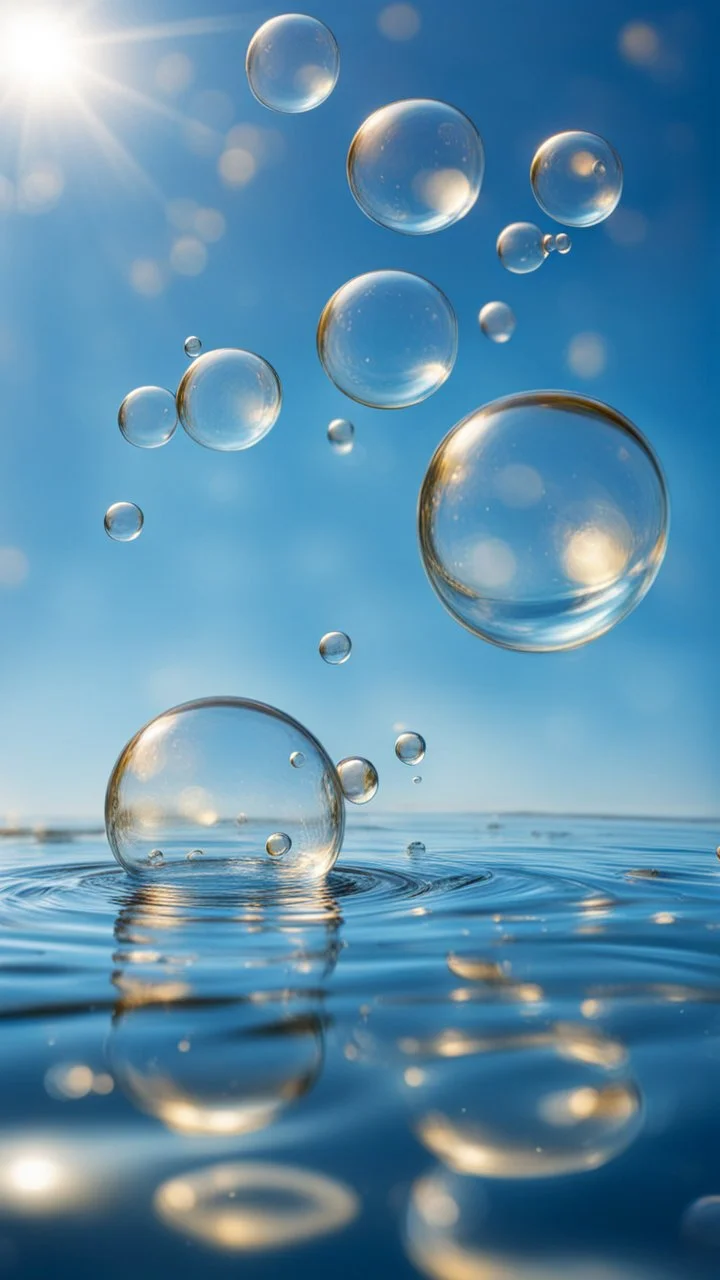 bubbles floating over water with blue sky, stock photography