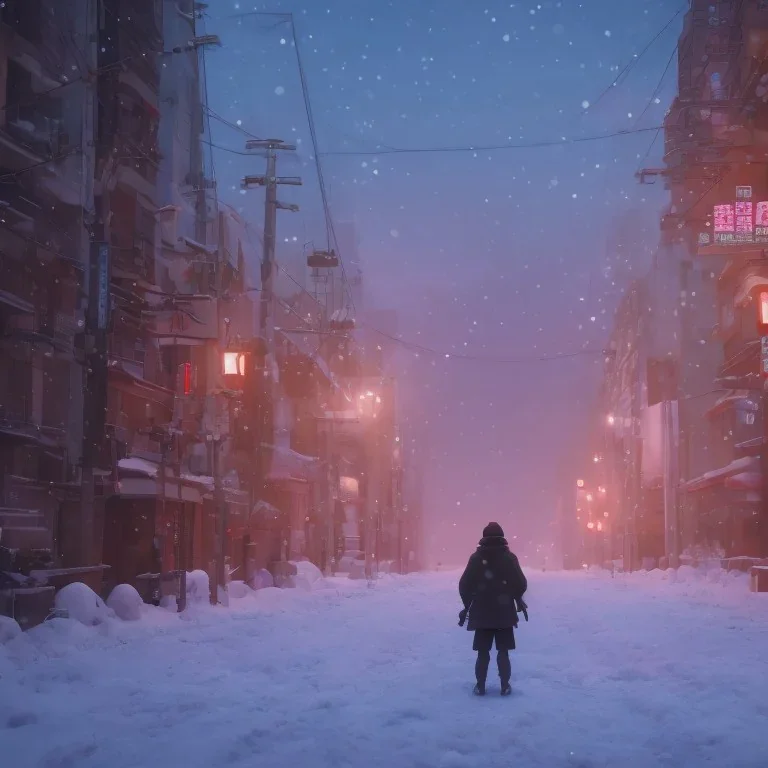 foto tirada por tras de um homem solitário sentado no chão, nas ruas de tokyo, na neve na noite de natal pós apocalipse, lua cheia, particulas