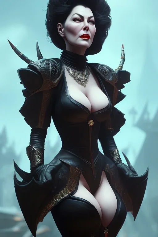 Ava Gardner as evil queen in black leather, busty, cleavage, curvy, angry, stern look. character design by cory loftis, fenghua zhong, ryohei hase, ismail inceoglu and ruan jia. unreal engine 5, artistic lighting, highly detailed, photorealistic, fantasy