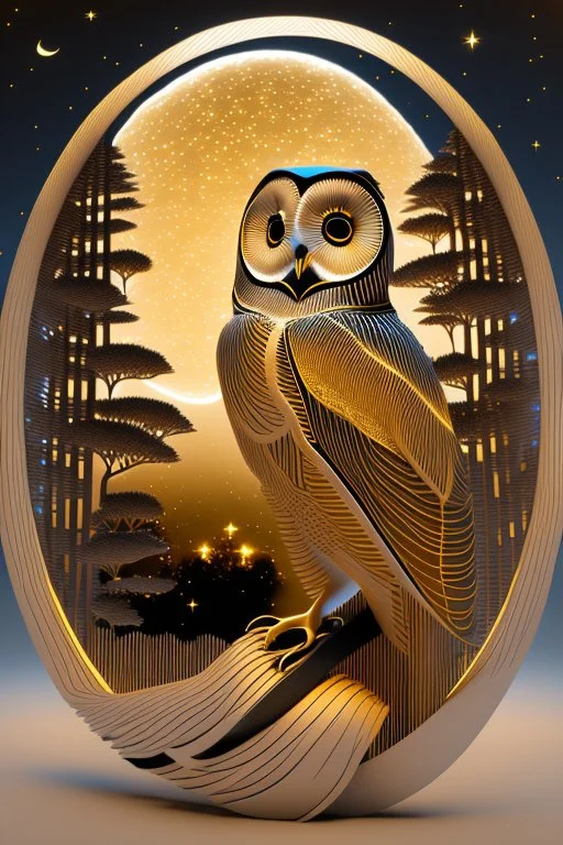 A captivating and mesmerizing 3D render of a striking minimalist silhouette of an owl, transformed into a nighttime scene. The owl's body is filled with a warm golden hue, representing a starlit sky and a radiant full moon. The center features a delicate, flying bird, symbolizing the owl's spirit. Beneath the owl, a serene landscape of pine trees and a resting owl unfolds, creating a sense of tranquility and harmony with nature. This enchanting illustration masterfully blends elements of wildlif