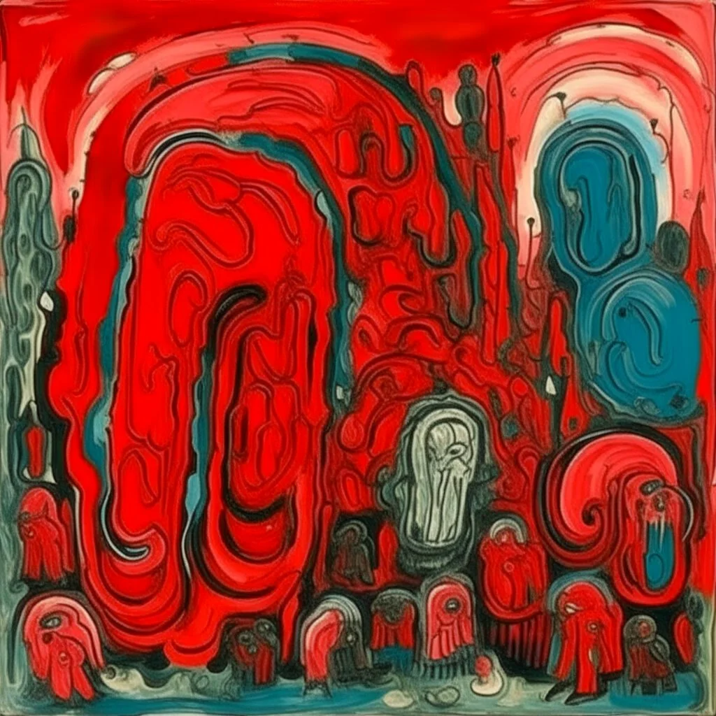 Night Terrors, abstract expressionist art by Philip Guston, psychedelic rough illustration, primordial feelings controlled by reason, crimson hues