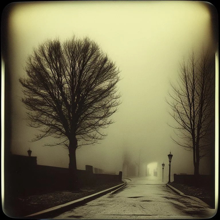 Dark street creepy fog colours strong texture artistic polaroid volumetric light tree nightmare Yves Tanguy