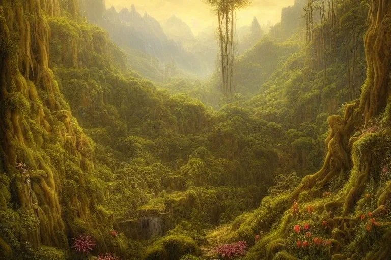 A beautiful and highly detailed oil painting of a secret valley deep in the mountains, ancient trees, lush plant growth, tall grass, flowers, intricate details, epic scale, insanely complex, rivendell, 8 k, sharp focus, hyper realism, fantasy landscape, psychedelic, by caspar friedrich and brian froud