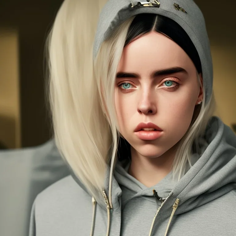 Billie Eilish, full body, on the bed, in my underwear, pale skin, high detail, realistic, 8k, not to be distinguished from a photo, identical pupils