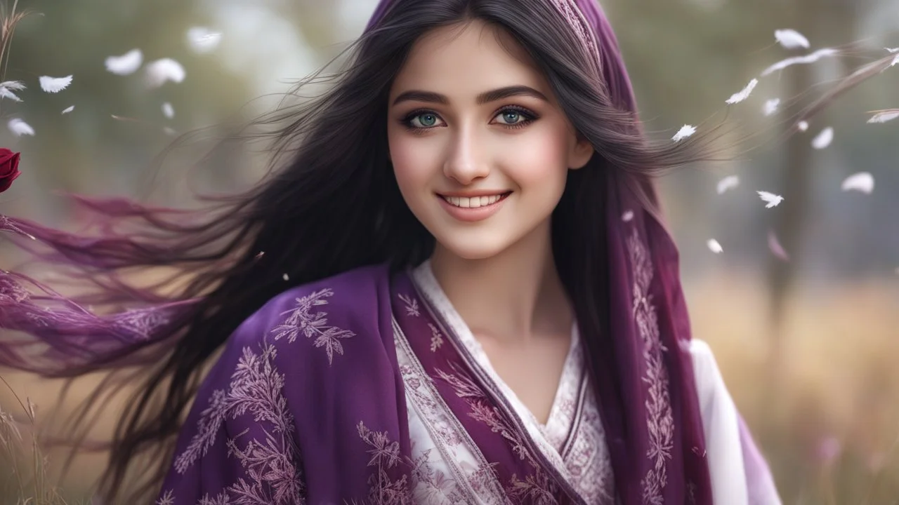 Hyper Realistic Close-up-face-view of a Beautiful Young Happy Pashto Girl with beautiful-eyes & long-black-hair smiling & wearing purple-&-white-embroidery-dress-with-maroon-shawl whirling with breeze, tall-grass along with a thick-trees & Rose-petals-whirling & snowfall-day showing dramatic & cinematic ambiance