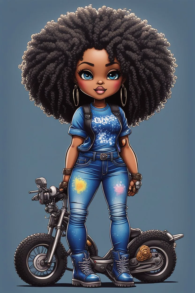 create an stippling art illustration of a chibi cartoon voluptuous black female wearing a blue jean outfit with a tie dye tshirt with biker boots. Prominent make up with hazel eyes. Extremely highly detail of a tight curly black and shiny afro. Background of a bike show