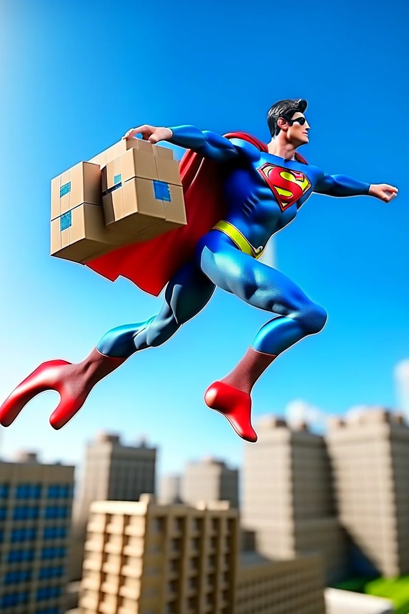 flying superman delivers pallets of goods by cartoons