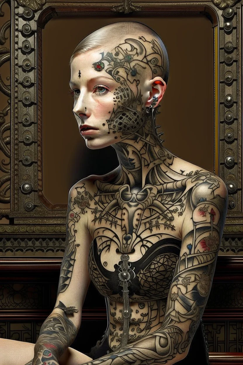 MJ Prompt: a bald white girl with facial tattoos sitting in front of something metal, facial tattoos, in the style of surrealist automatons, peter lippmann, mechanical designs, symmetrical arrangement, kadir nelson, olivier valsecchi, intricate still lifes --ar 4:5