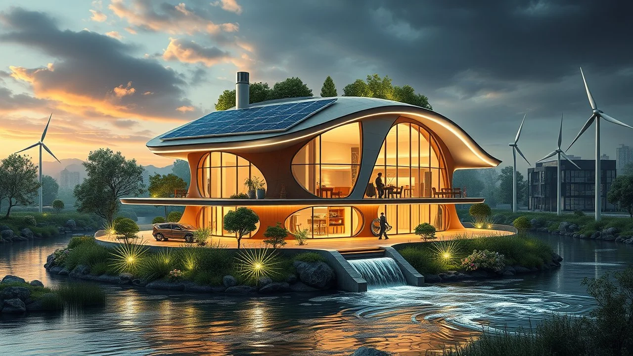 2031. Innovative environmentally-friendly happy home, solar panels, water wheel in river, alternative energy, wind turbines, scientific experiment, home of the future, amazing curved geometric architecture, fantasy, robotic, magic, automated, spectacular, futuristic, practical, beautiful lighting, attractive composition, photorealistic, extremely detailed, chiaroscuro, award-winning photograph