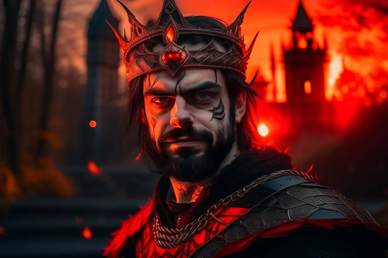 Portrait roi demon conquérant cyberpunk, cheveux noirs, barbe, yeux rouges, porte une couronne en feu, bâtiments union européenne en feu arrière plan