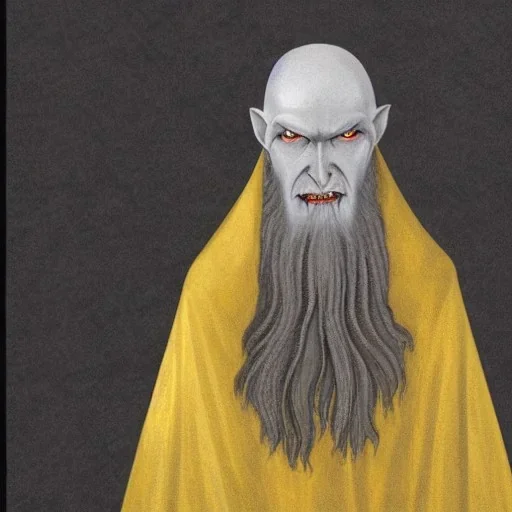 Nosferatu with four yellow eyes with tentacle beard grey skin and vampire fangs as a Russian Orthodox bishop