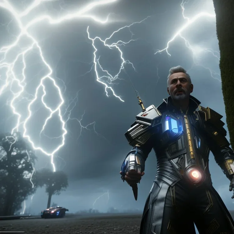 albert einsten, shock, storm, 3d, hiper realism, unreal engine, v-ray, lightning, 8K, BEALTFUL IMAGE. 50mm, apocalipse