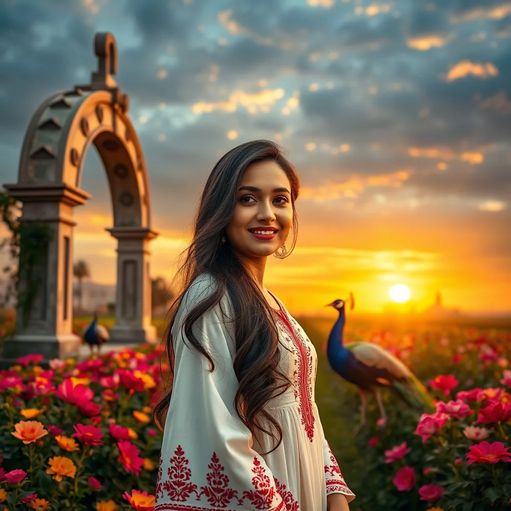 Hyper Realistic Photographic View Of A Beautiful Pashto Woman (With Beautiful Eyes Lips & Nose, & Long Black Hair; Wearing White Frock With Maroon Embroidery) Happily Standing In A Beautiful Colorful Flower Garden With Fancy Stone Arches & Two Peacocks Around Her At Beautiful Cloudy Sunset Showing Dramatic & Cinematic Ambiance."