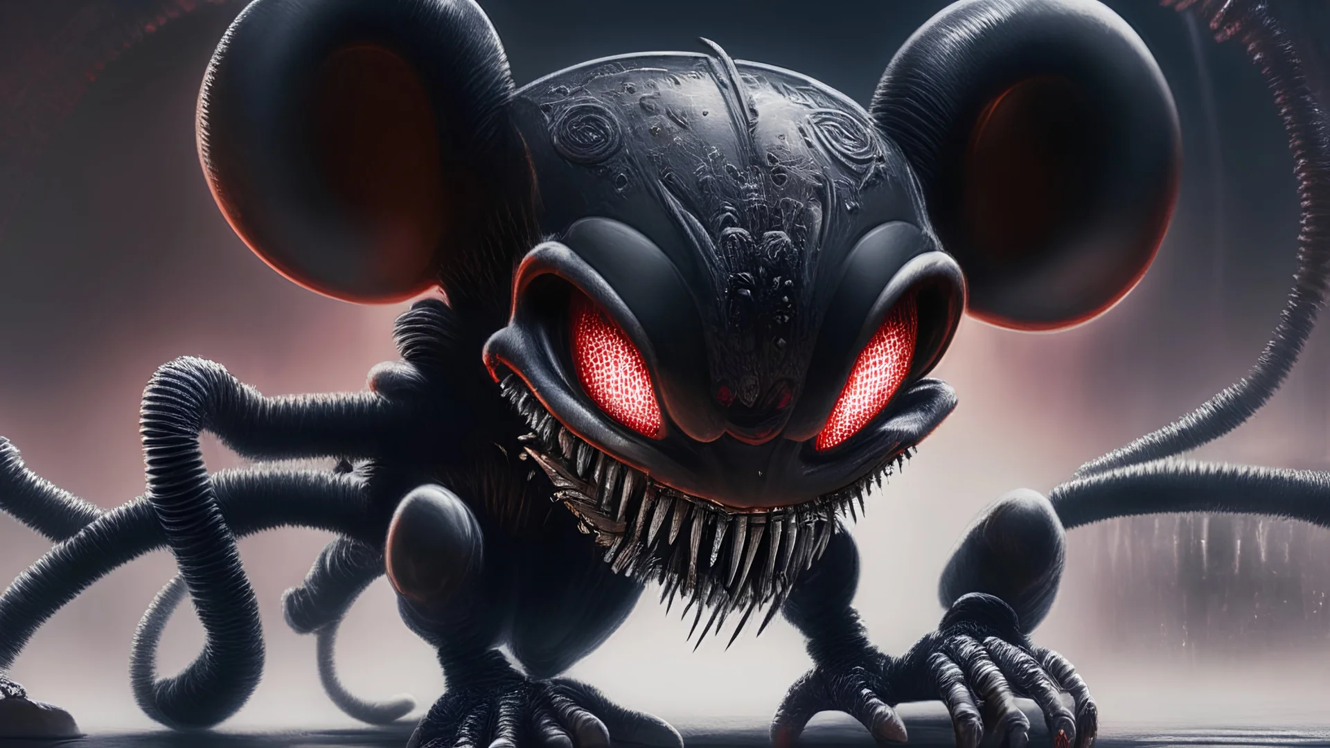 a spider mickey mouse hybrid, photorealism, movie screen capture, horror, sci-fi, retrofuturism, evil, demon-like