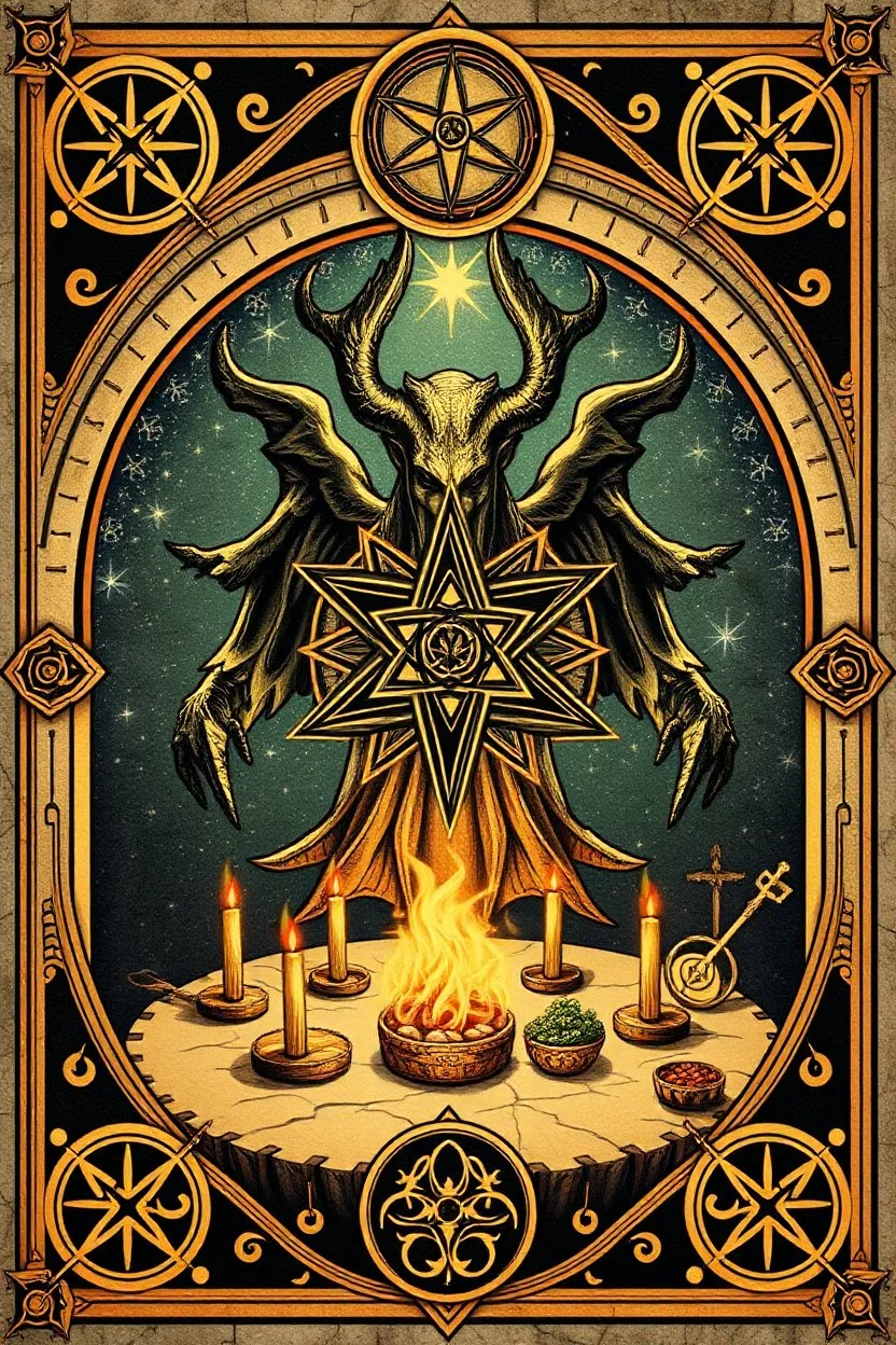 everlasting myrriad and a star golem feast framed with spiral keys and sigils and celtic symbols