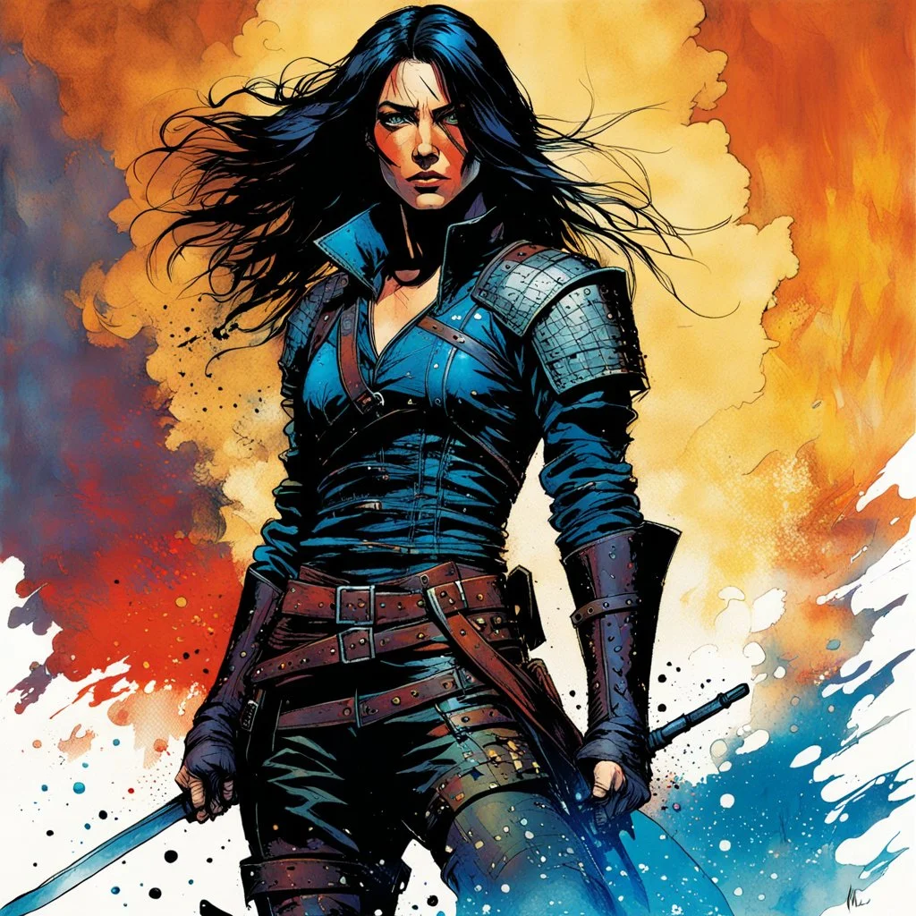 create an imaginative full body print illustration of an ethereal, otherworldly , raven haired, female grandmaster Witcher in a tattered battle worn leather brigandine and boots , in the comic book art style of Bill Sienkiewicz, Mike Mignola, and Jean Giraud Moebius, with highly detailed feminine facial features , finely drawn, colored and inked,