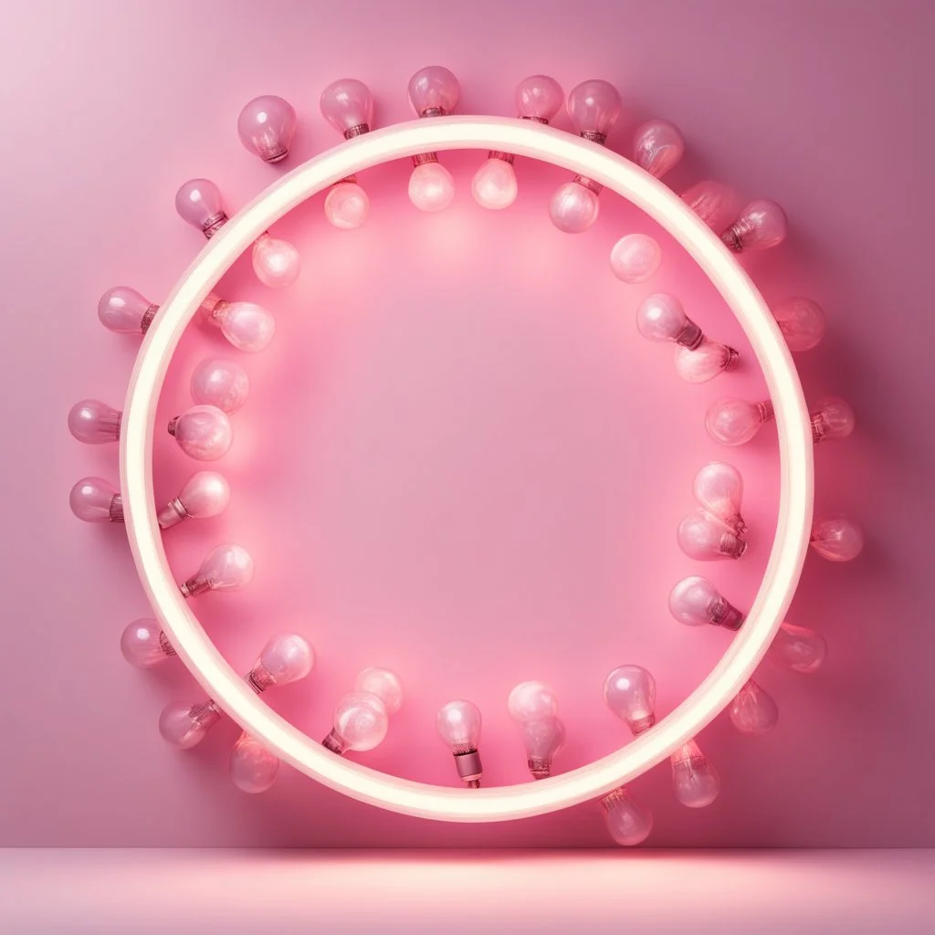 A pink round picture frame with round light bulbs all around on a light background to remove