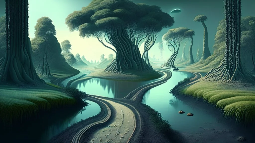 alien landscape with trees, pathways, river