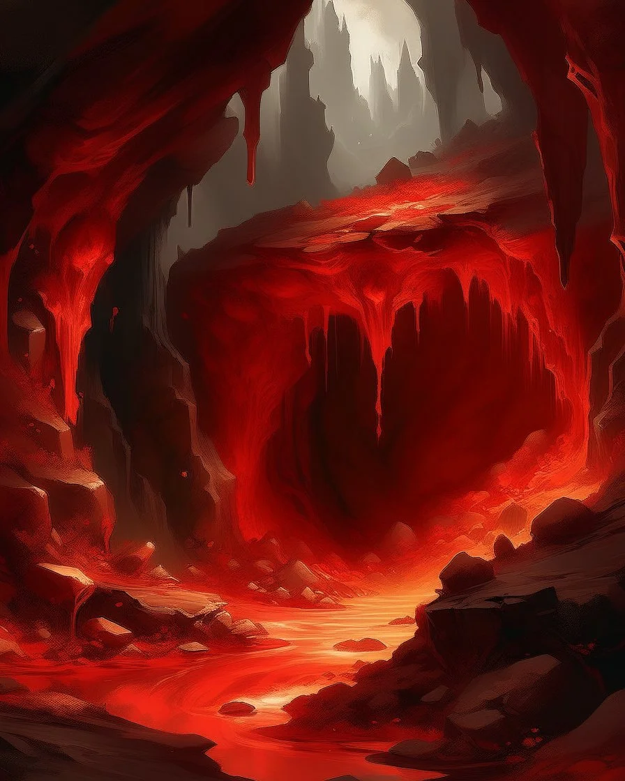 A light red fiery brimstone cavern painted by Guo Xi