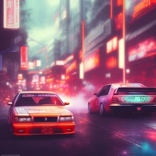 volumetric japan city environment and background, realistic illustration and highly detailed digital painting of illegal street drifting, ghost flames, inside a vibrant city, underground jdm scene, d1 grand prix, nissan, mitsubishi, otaku, neon, toyota, honda, subaru, highly detailed, money, high contrast, realistic shaded volumetric lighting, 8k, tokyo drift, reflective ground, octane render, smoke, burnout, vitality colours, colorful, uhd, blue fires, dk, hooning manga art by sam curry