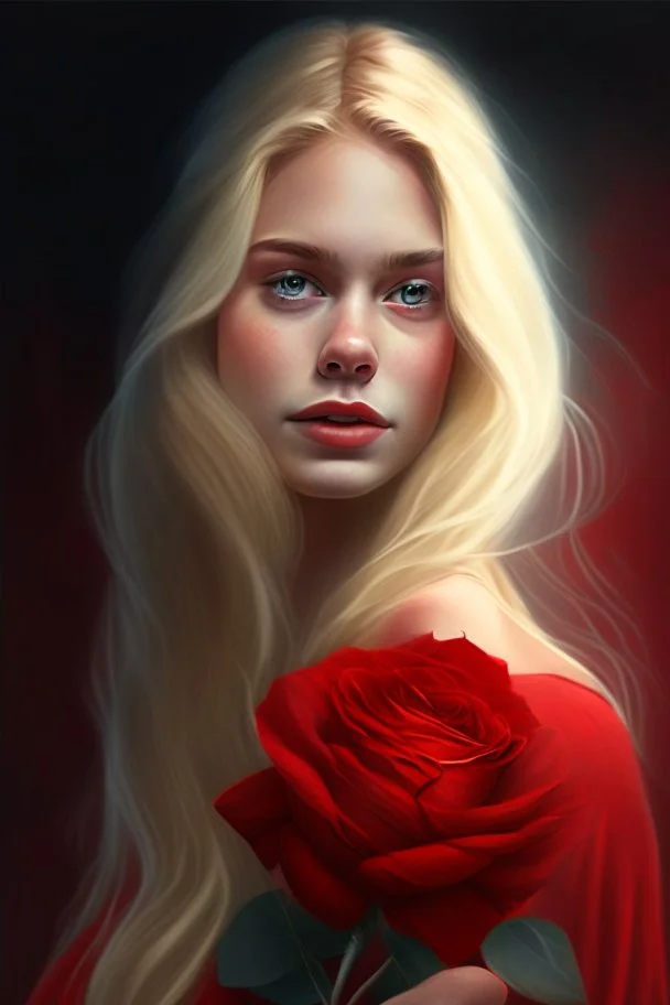 Create a realistic image of a beautiful blond girl looking to the side dressed in red with a flower in her hand.