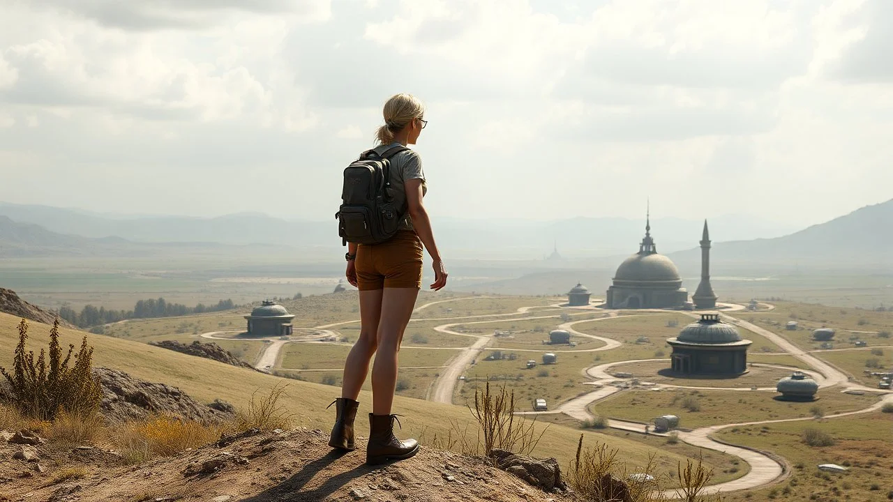 A photorealistic image of a slender 60-year-old woman, in brown shorts, a shirt and boots, with a backpack, standing on a hill looking down on a derelict sci-fi village with low alien buildings.