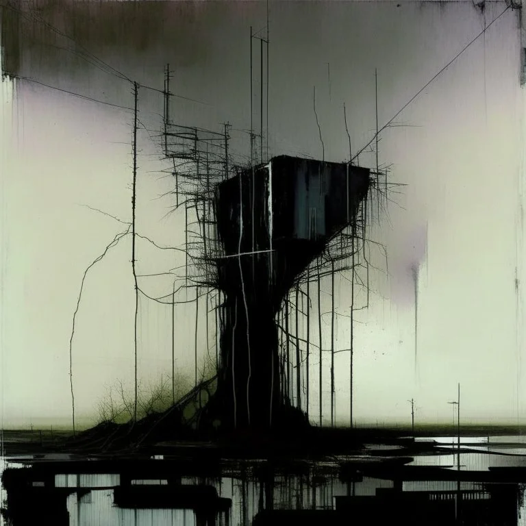 A dark concrete brutalist structure with exposed wires like roots in a desolate wet melancholy landscape. By justin mortimer and ashley wood art abstract. Simplify the blocks of colour. Like an abstract painting