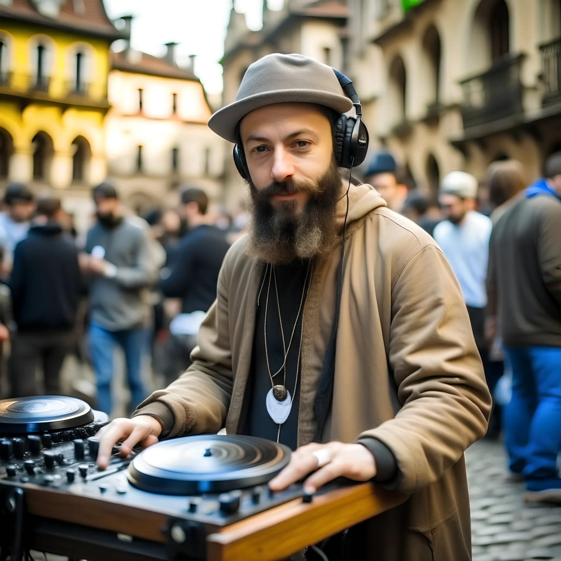 A short brown beard DJ with a hat on his head, sing at microphone, many electronic consoles around, play middle street of medieval city, FRONT VIEW