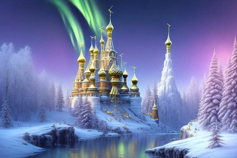  white and gold crystal russian castle，waterfall, winter snow flakessnow, northern Lights, full of details, smooth, bright sunshine，soft light atmosphere, light effect，vaporwave colorful, concept art, smooth, extremely sharp detail, finely tuned detail, ultra high definition, 8 k, unreal engine 5, ultra sharp focus