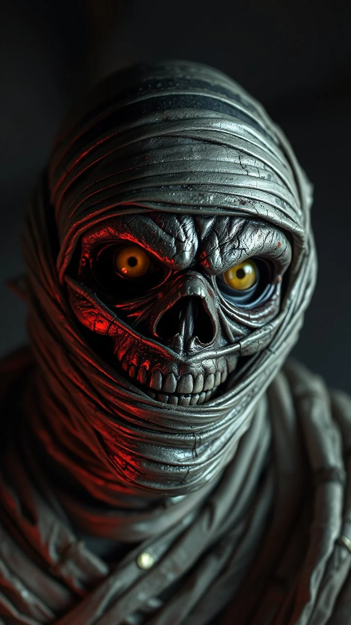Busch painting style nightmare, a zoomed 3/2 view of the mummy by his face skin is a rusted broken metallic skin texture in a 3d rendering full-height image of a grim and dark scene. Ensure the final images exhibit the utmost quality, encompassing 4K, 8K, and 64K resolutions, with 3D rendering that manifests in photorealistic, hyperrealistic, and highly detailed representations. Employ techniques such as HDR, UHD,