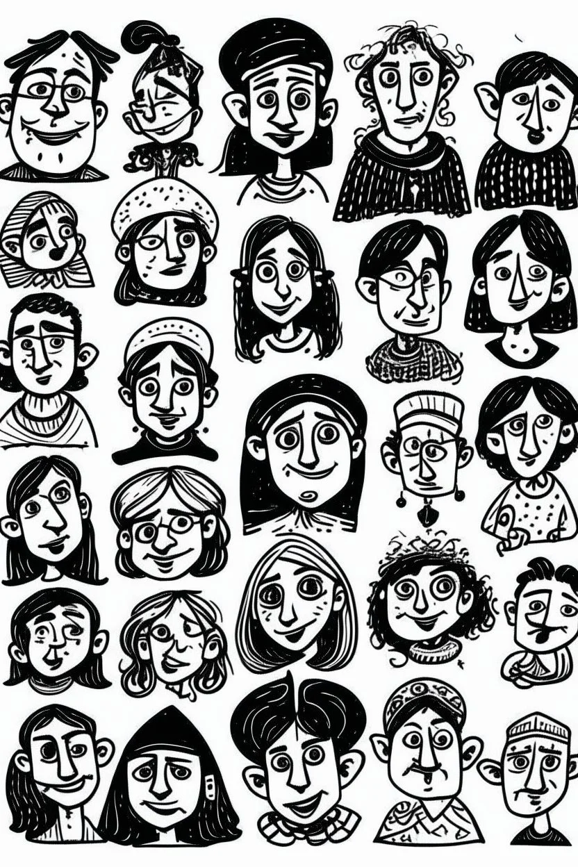 Silly small risograph diferent medieval people with diferent expressions, some dramatic, somo happy. the style is minimal black and white stamp. in the sheet there are more than 5. very diverse court memebers and everyday people. man, woman, kids. white background