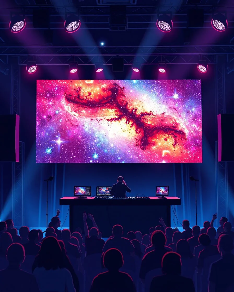 poster for a party with anime music videos galaxy theme dj on stage with big screen