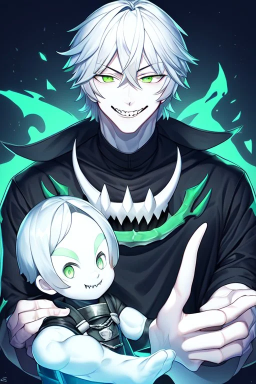 plauge doctor in balck leather clothes with silver hair, pale skin and bright green eyes smiling with sharp teeth, nice young face, male, viscious smile