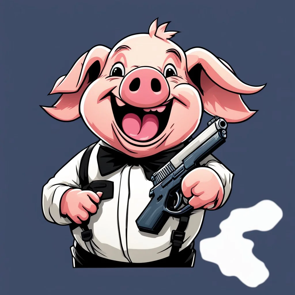 Little pig laughing, armed with a gun, cartoon style, James Bond style, vivid and dark colors, transparent background, 32k UHD