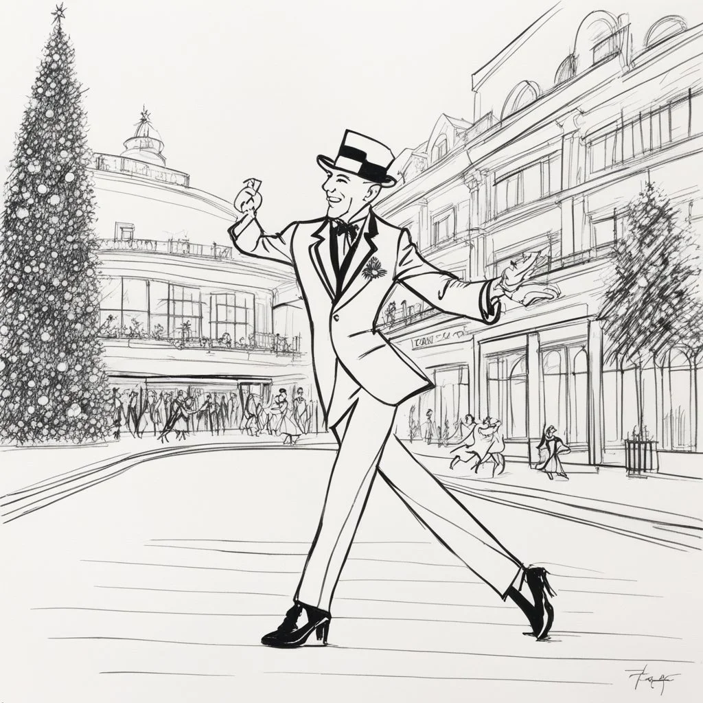 this drawing consists of a single line [la ligne Claire: drawn with a Sharpie marker] fred Astaire iconic dancing scene of Holiday Inn (1942) that introduced the song “White Christmas”