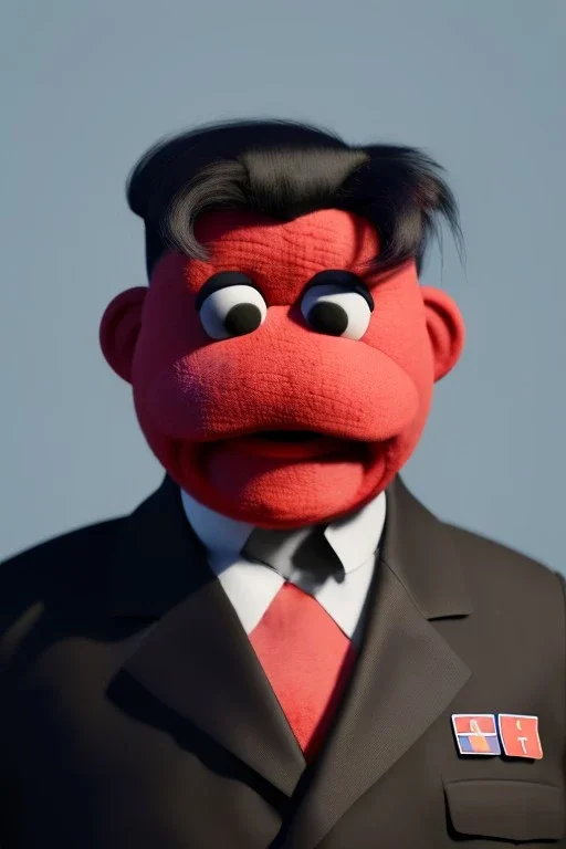 Waist up muppet Portrait, Kim Jong-un as muppet doll, black suit, photo studio, red background, unreal engine 5, concept art, art station, god lights, ray tracing, RTX, lumen lighting, ultra detail, volumetric lighting, 3d.